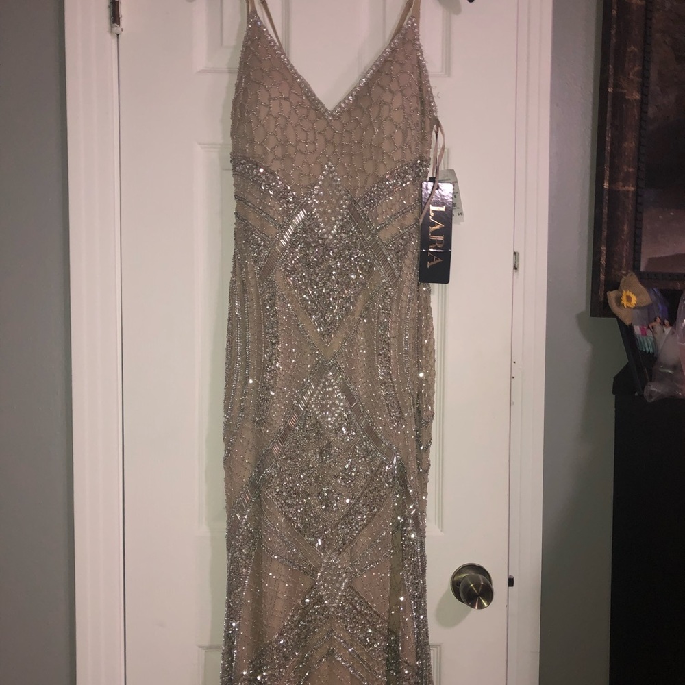 Long nude with silver beading dress !!